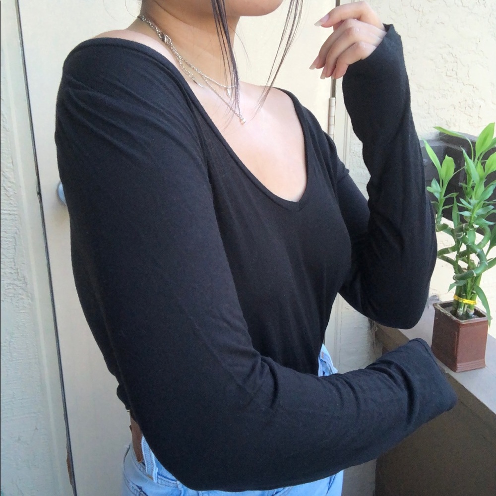 COTTON:On Black Open Neck Long Sleeve Top